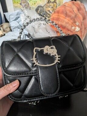 Hello Kitty Black Quilted Mini Top-Handle Bag with Silver Face Hardware